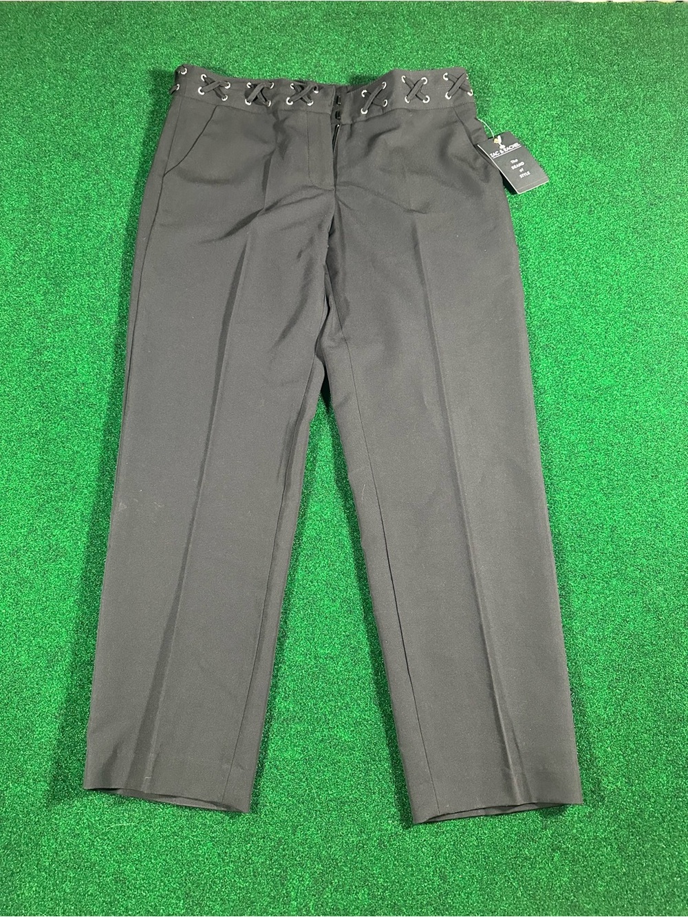 Women’s Black Dress Pants with Faux Lace-Up Waist,